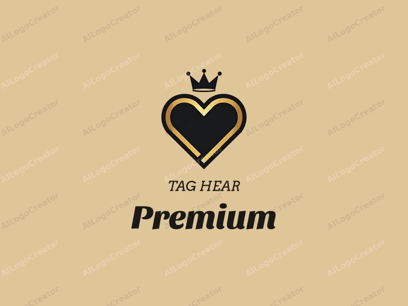 a modern minimalist design featuring a heart shape intertwined with a golden crown, using a gold and black color palette, combined with a clean background.