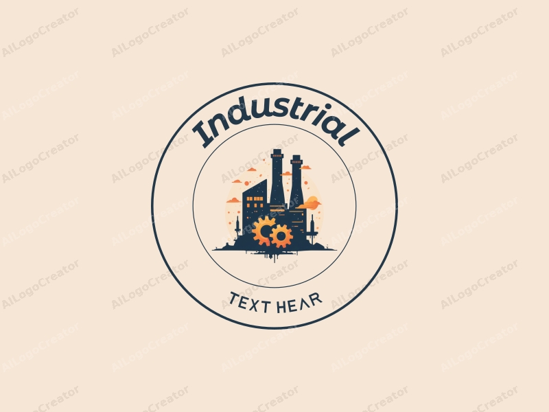 modern design features a stylized factory silhouette, robotic elements, and interlocking gears, combined with a clean background.