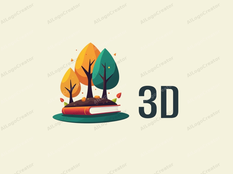 a modern design featuring vibrant 3D trees and books, with dynamic elements that convey movement, set against a clean background.