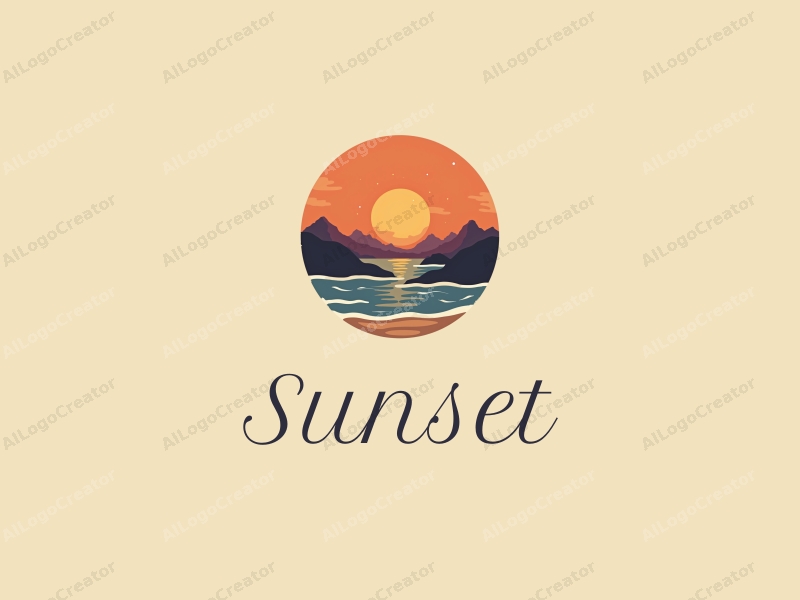 vintage design features a stylized sunset over the ocean with mountains in the background, incorporating warm orange and purple hues, combined with a clean and harmonious layout.