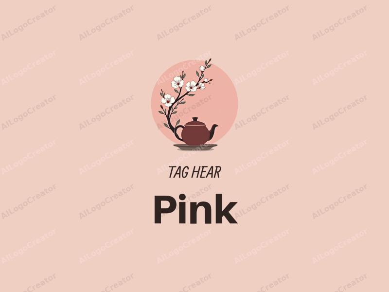 minimalist design features delicate cherry blossoms intertwined with stylized tea leaves and a simple tea set, combined with a clean pink background.