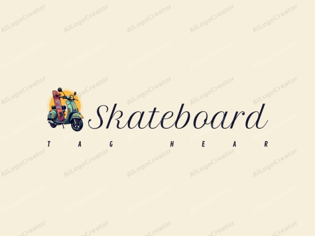 ein fröhliches Design, das ein lebendiges Skateboard und ein Kickboard mit Graffiti-Elementen verweben, kombiniert mit einem sauberen Hintergrund.