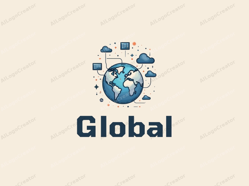 modern design features a stylized earth, interconnected network lines, cloud shapes, and data symbols combined with a clean background.