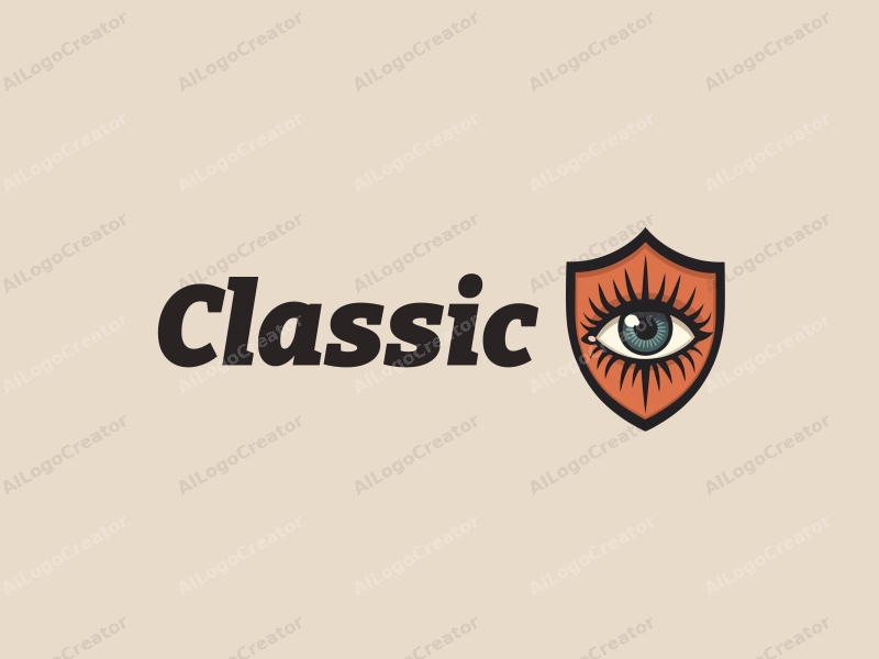 vintage design features a stylized eye and shield, incorporating classic and traditional elements, combined with a clean background.