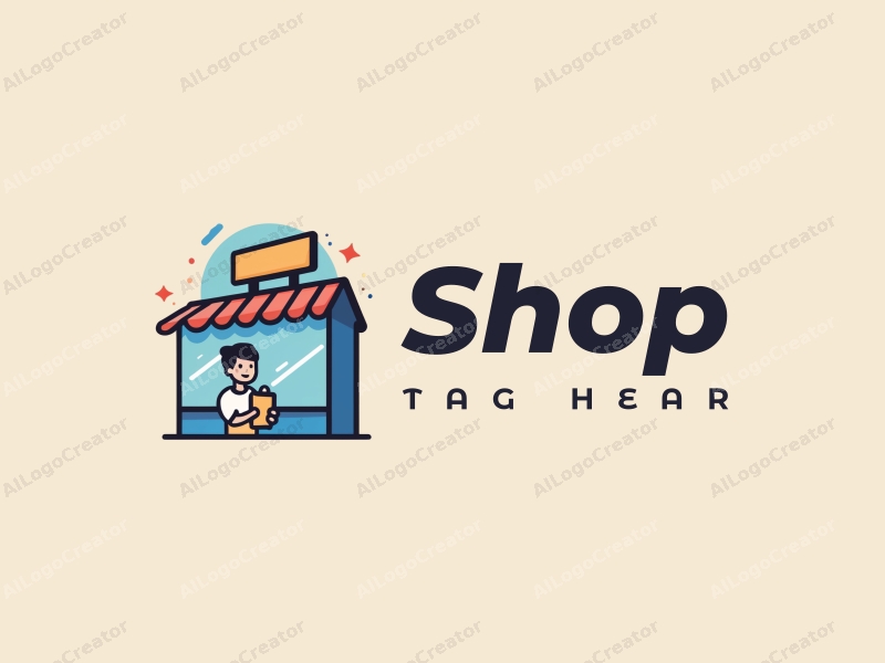 modern design features a stylized shop silhouette, a cartoon character integrated into the design, and a clean background with blue accents.