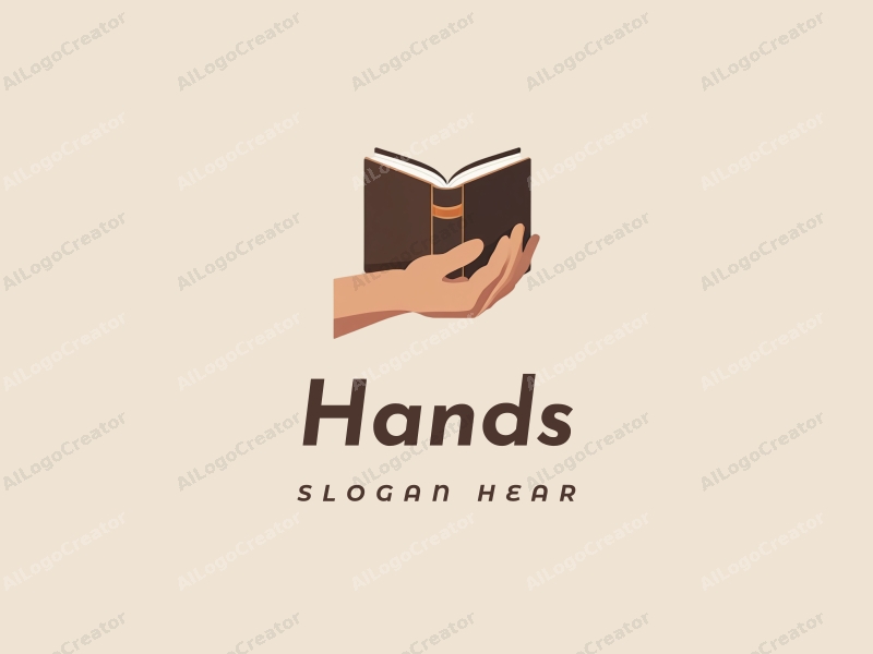 a modern design featuring a hand gripping a book, with a palm visible, using skin tone colors, combined with a clean background.