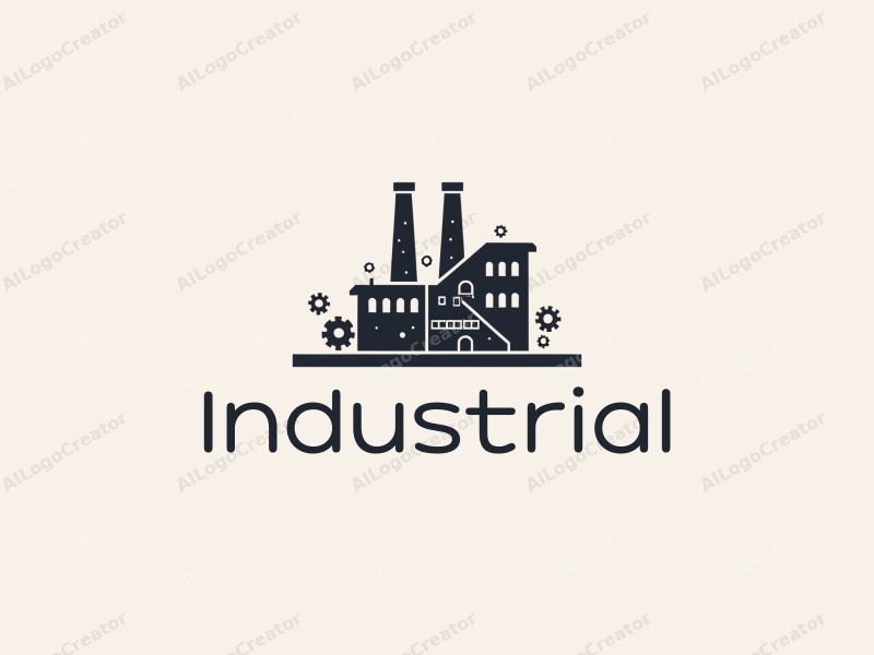 modern design features a stylized factory silhouette with gears and chimneys, utilizing a clean and simple composition with a focus on industrial elements.