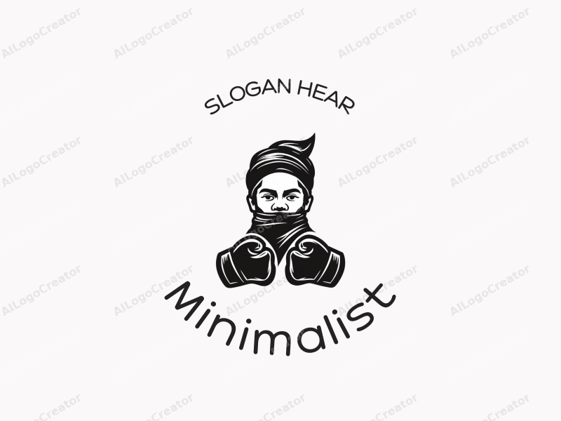 minimalist design features a stylized Thai headscarf and boxing gloves, combined with a tag style approach and a clean black and white background.