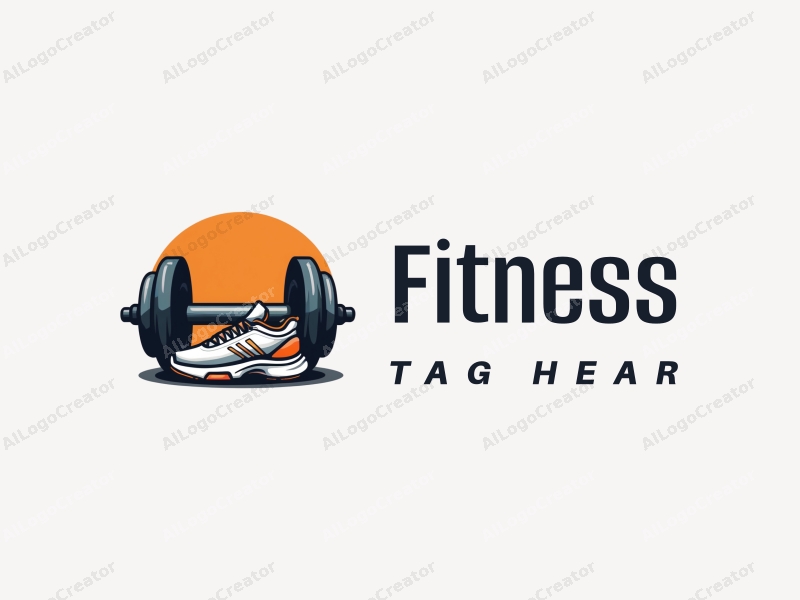 modern design features a stylized dumbbell and running shoes, combined with a clean background and a minimalist approach.