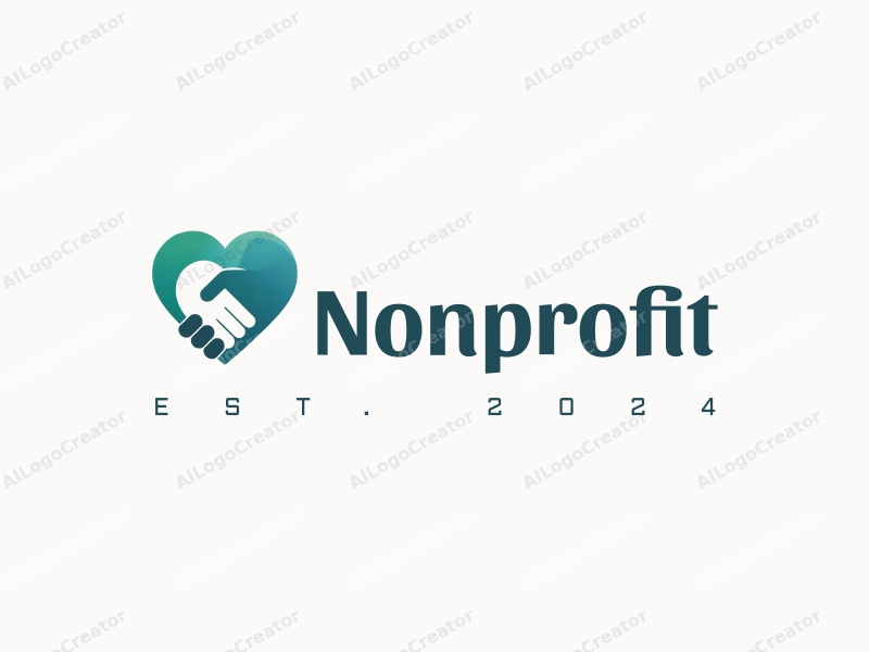 modern design features a stylized heart and handshake symbolizing charity and volunteerism, combined with a clean background in blue and green tones.