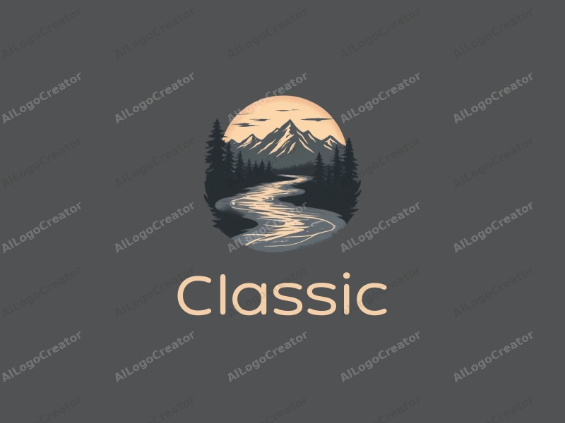 vintage design features stylized mountains and flowing rivers, combined with classic and traditional elements, set against a clean, dark and neutral background.