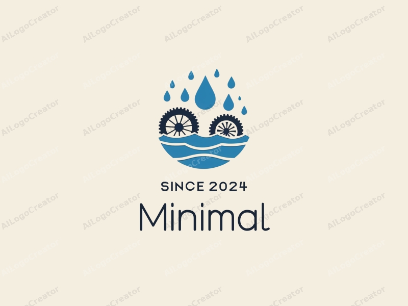 minimalist design features simple wheels and stylized water droplets, combined with a clean background and a tag style approach.