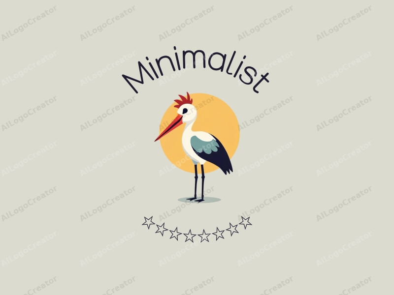 minimalist design features a stylized stork, clean lines, and a bright color palette combined with a simple background.