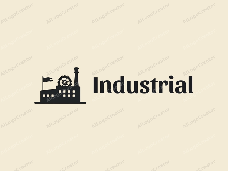 minimalist design features a stylized factory silhouette, abstract machinery elements, and a sail and flag integrated into the composition, combined with a clean background.