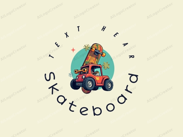 diseño divertido que presenta una patineta vibrante y un coche de juguete estilizado, combinado con un fondo limpio y una composición divertida y enérgica.