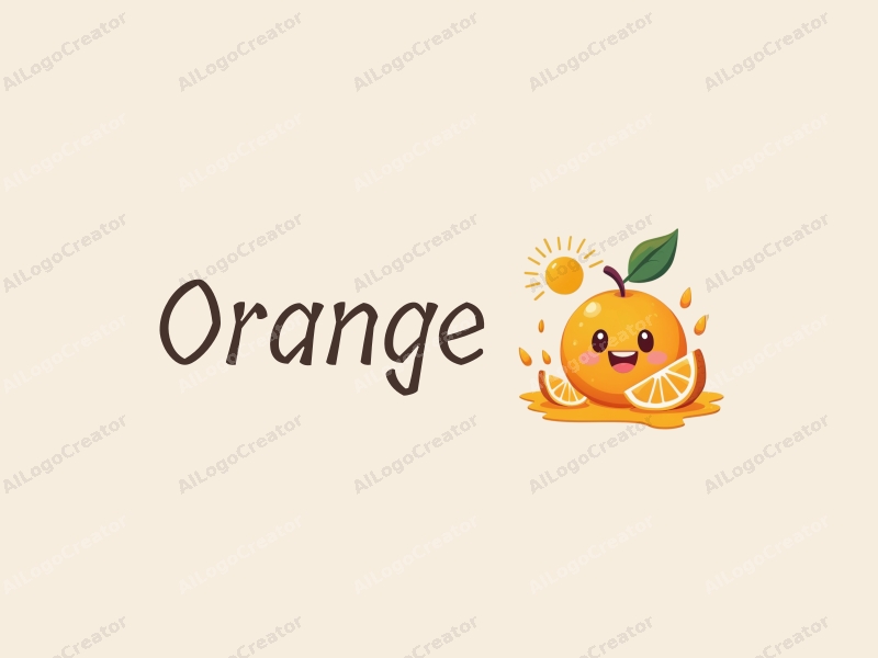 playful design features a stylized orange and juice splash, with a bright sun and a cheerful smile, combined with a clean background.