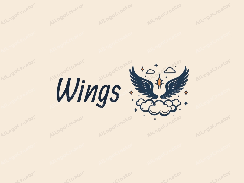 playful design features stylized wings and a flying motif, surrounded by clouds and stars, combined with a clean background.