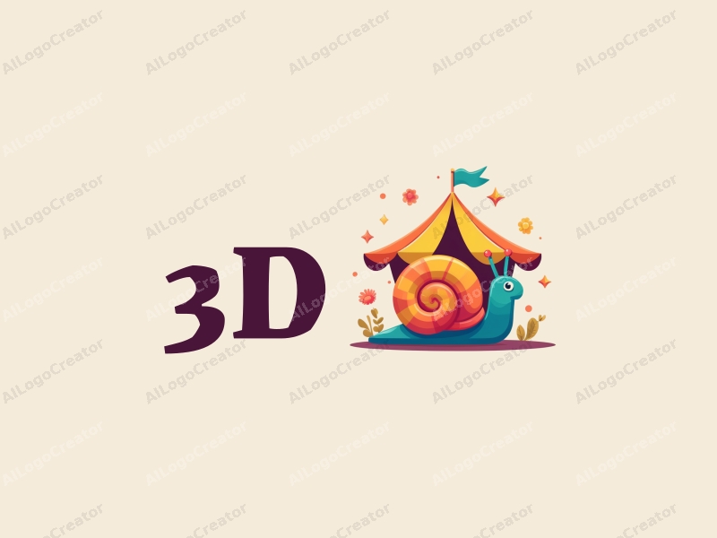 a modern design featuring a colorful 3D snail under a dynamic tent structure, incorporating playful and vibrant elements with a clean background.