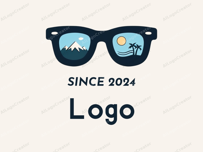 modern design features a stylized pair of glasses integrated with travel elements, using a clean and simple composition with blue and black color scheme.