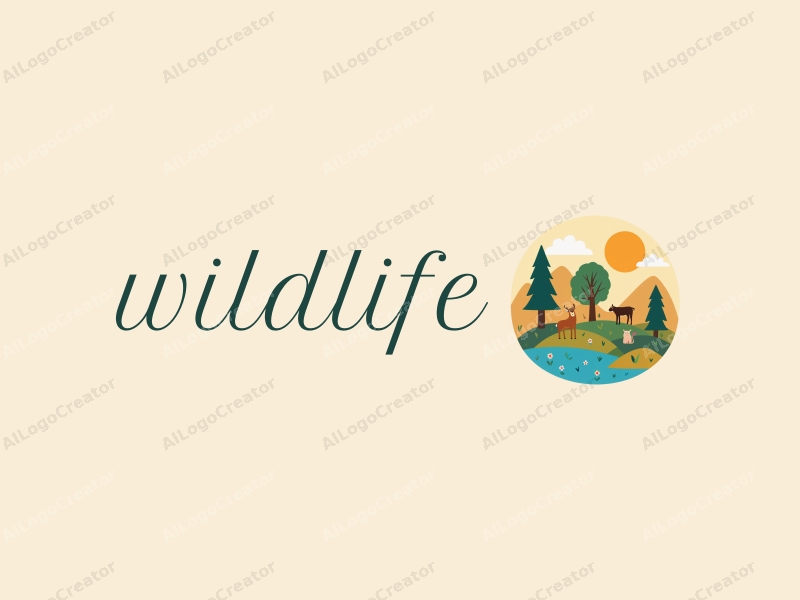 playful design features stylized wildlife, vibrant natural landscapes, and whimsical trees with small animals, combined with a clean background.