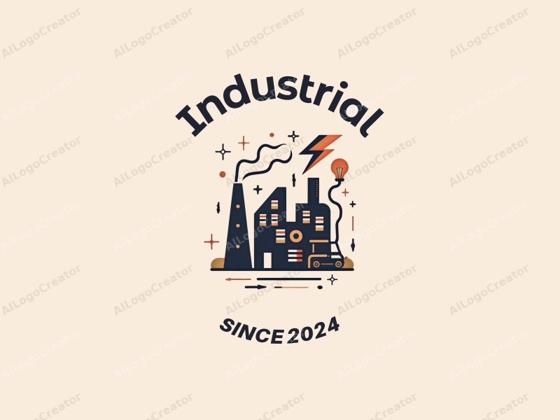 modern design features a stylized factory and machinery, integrated with lightning and a light bulb, using a clean background and a harmonious composition.