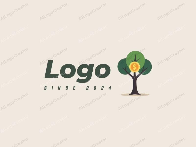 modern design features a stylized tree and a coin, combined with a clean background and a minimalist approach.