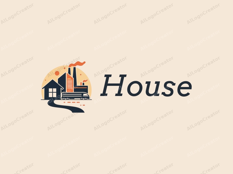 modern design features a stylized house and building, integrated with a train and factory, using a clean background and a harmonious composition.