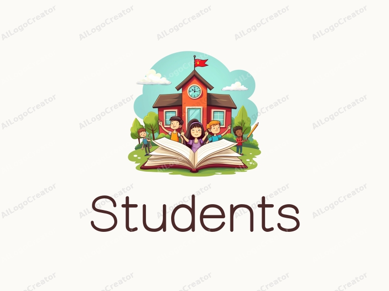 playful design features cheerful students, a stylized school building, open books, and pencils arranged harmoniously with a vibrant background.