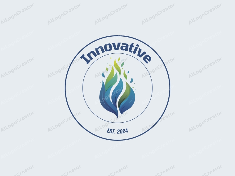 a modern design featuring elements of innovation and future, incorporating stylized flames and fragments, with a blue and green color palette, combined with a clean background.