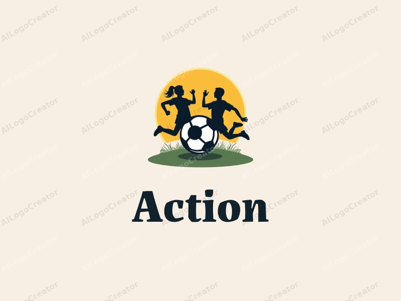 playful design features dynamic silhouettes of jumping figures and a stylized soccer ball, combined with a clean background.