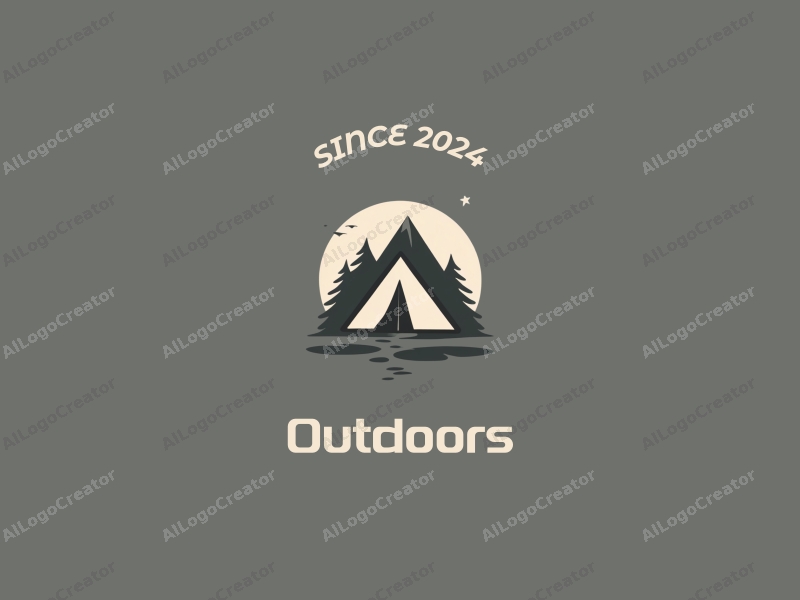 modern design features a stylized camping tent and mountain peak, combined with a clean background and a harmonious composition.