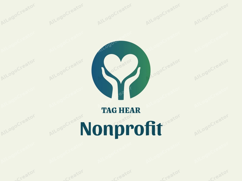 modern design features a heart shape formed by two hands, symbolizing charity and volunteerism, with a clean background in blue and green tones.