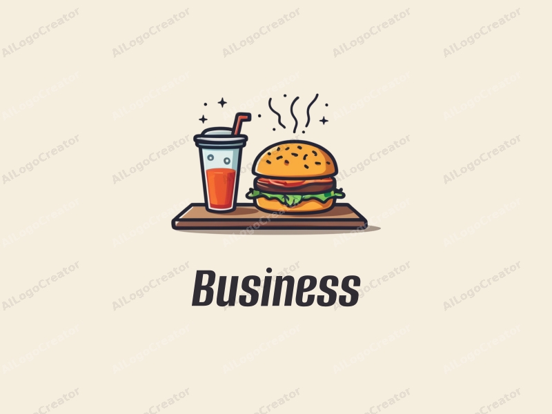 modern design features an abstract office setting, a stylized burger and beverage, combined with a clean background and a harmonious layout.