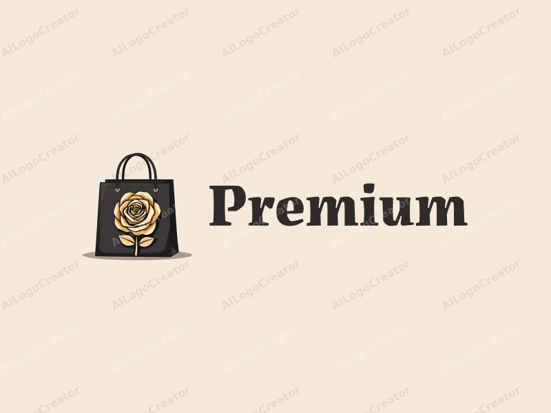 a modern design featuring a golden rose intertwined with a stylish shopping bag, utilizing a high-end aesthetic with a clean background and elegant lines.