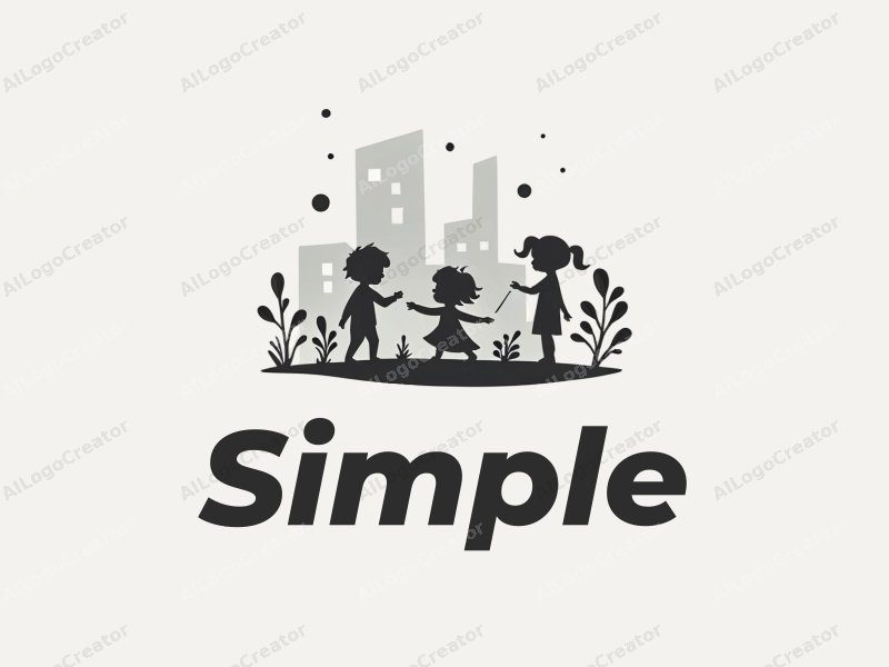 minimalist design features playful children silhouettes interacting with stylized plants and modern architectural shapes, combined with a clean white and gray background.