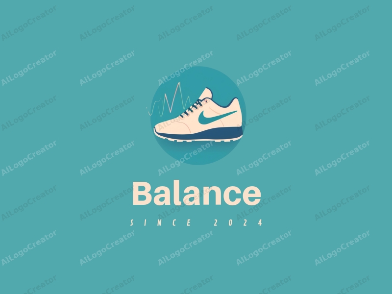 modern design features a stylized sneaker silhouette intertwined with a heartbeat line, emphasizing balance and harmony, combined with a clean background in blue and green tones.