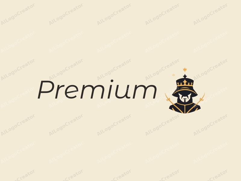 a modern design featuring a stylized soldier silhouette and a crown, utilizing a gold and black color palette, combined with a clean and elegant background.