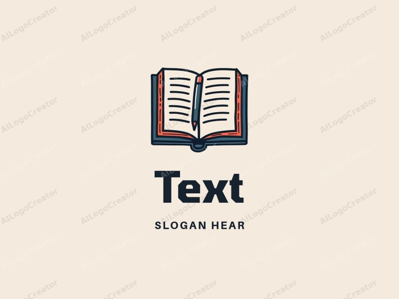 modern design features stylized text and font, an abstract book and pen, combined with a clean background.