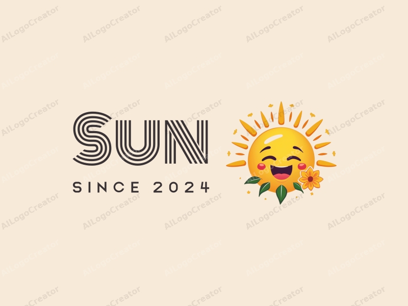 playful design features a bright yellow sun, whimsical light rays, a cheerful sunflower, and dynamic light beams combined with a clean background.