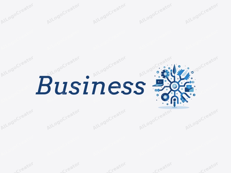 a modern design featuring abstract representations of business and office elements, intertwined with network and code motifs, using a blue color palette, combined with a clean and simple background.