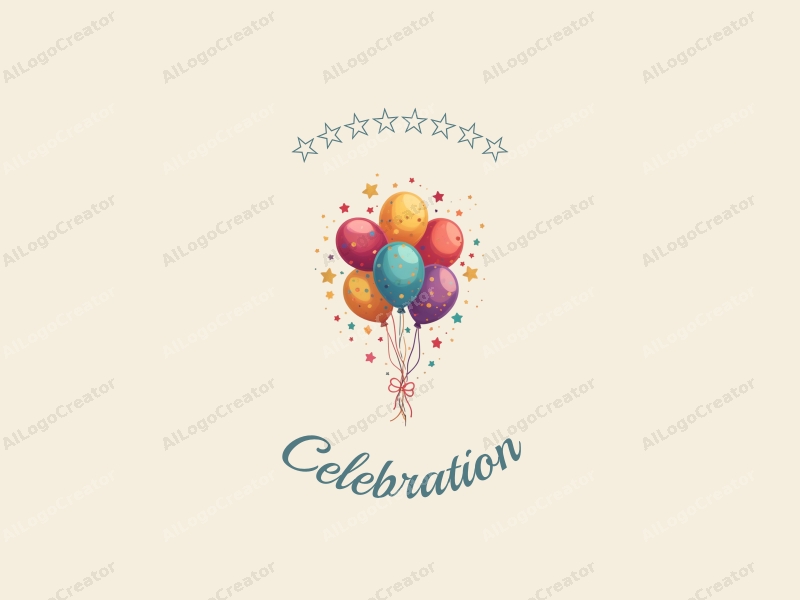 playful design features colorful balloons and streamers, a festive atmosphere with gold accents, combined with a clean background.