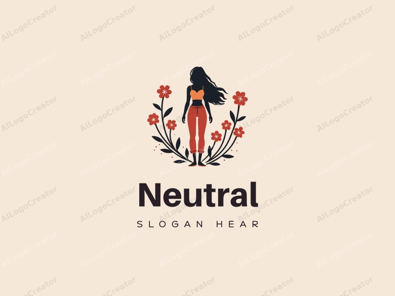 minimalist design features a stylized hippie girl silhouette surrounded by simple flower shapes, incorporating elements of women's fashion with a retro touch, set against a clean, neutral background.