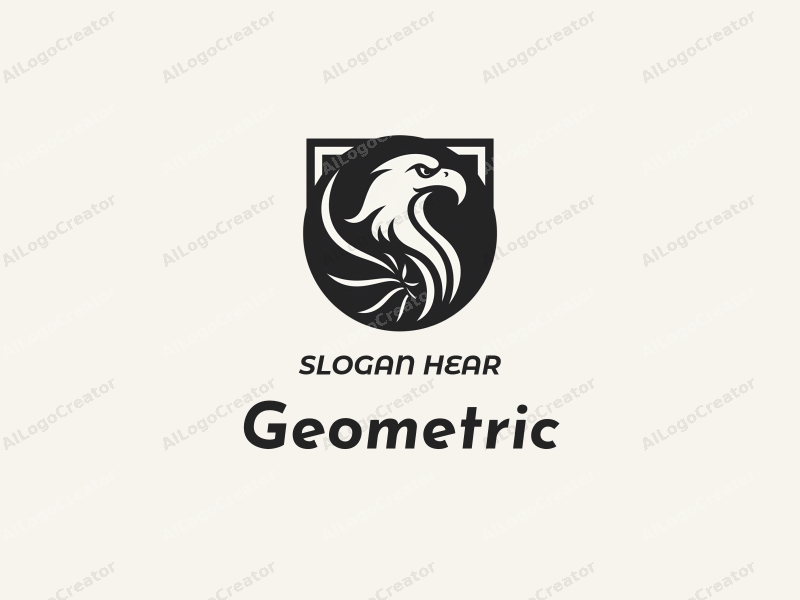 geometric design features a stylized eagle and basketball integrated within a square and circle composition, combined with a clean black and white background.