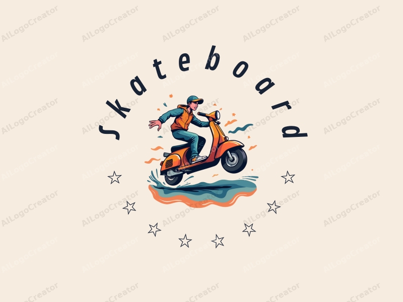 playful design features a vibrant skateboard and scooter in motion, with dynamic lines and shapes that convey energy and excitement, combined with a clean background.