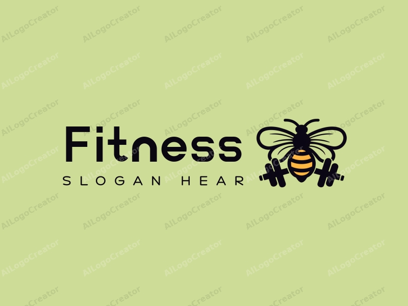 a modern design featuring a stylized bee intertwined with a dumbbell, incorporating fitness and movement elements, set against a clean green background.