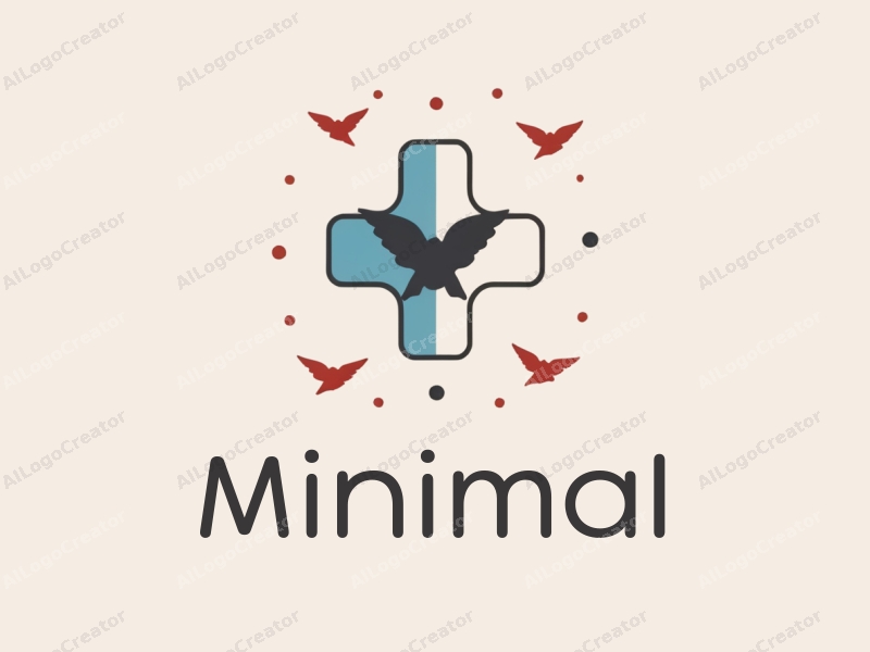 minimalist design features stylized flying birds and a medical cross, combined with a clean background and simple geometric shapes.