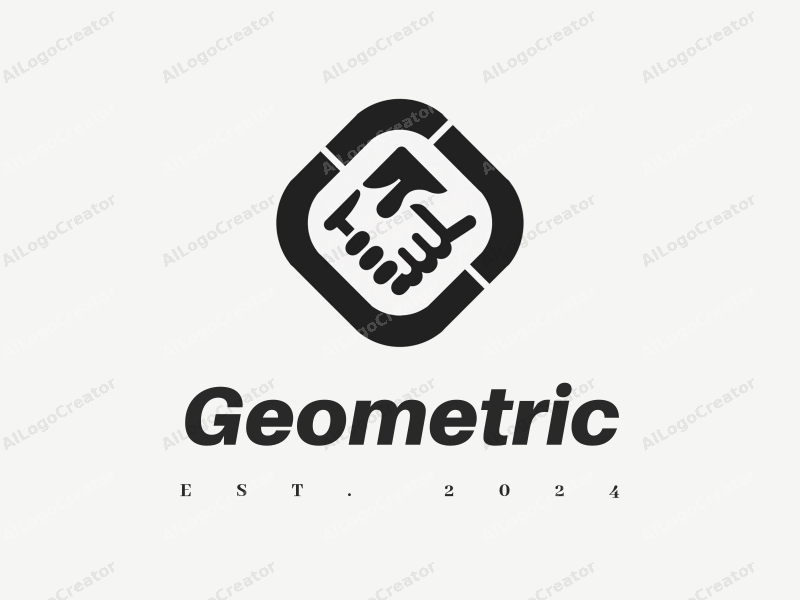 geometric design features a harmonious combination of squares and circles, incorporating a stylized handshake and intersection elements, set against a clean black and white background.