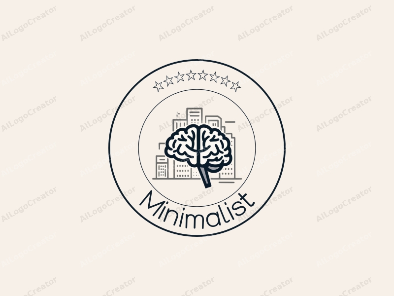 minimalist design features a stylized brain intertwined with abstract charts, set against a clean background of office buildings, utilizing a modern and simple design approach.