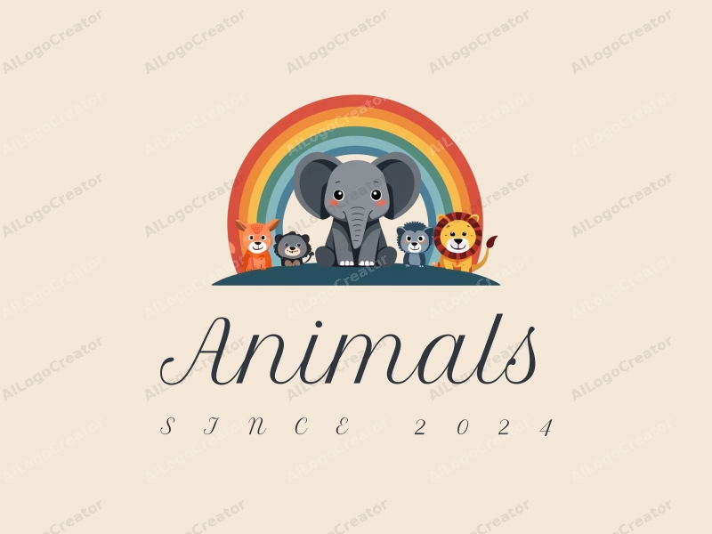 playful design features a stylized elephant under a vibrant rainbow, incorporating various colorful wild animals in a harmonious composition with a clean background.