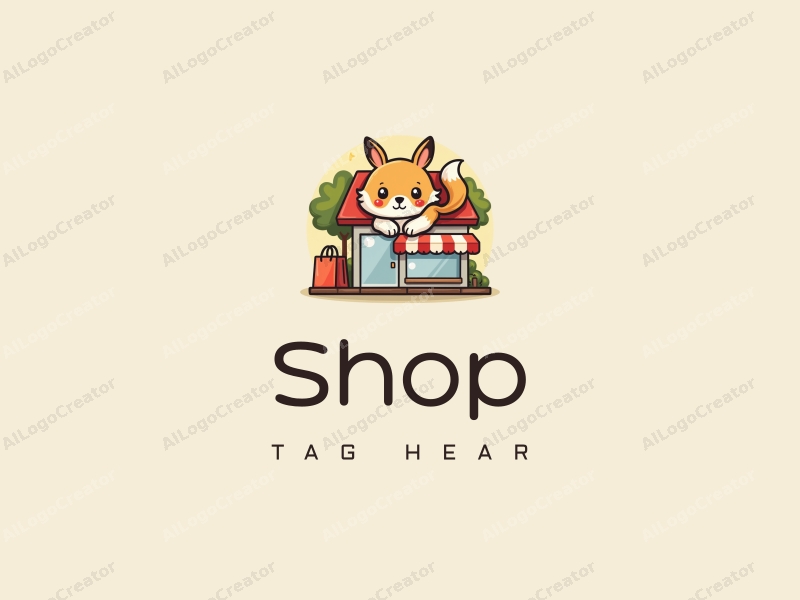 modern design features a playful cartoon animal character, integrated with shop elements like storefronts and shopping bags, combined with a clean background.